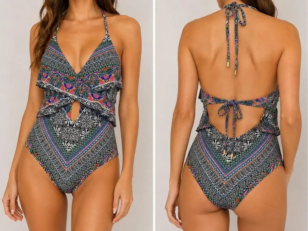 Laundry by Shelli Segal One Piece Cutout Halter Swimsuit Size Small Boho